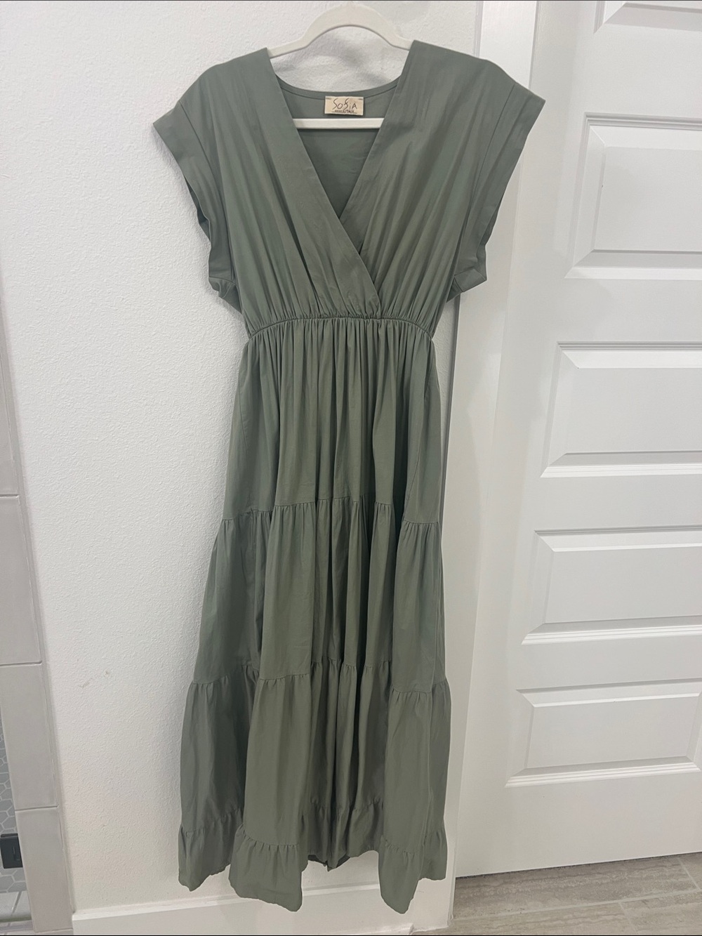 Sofia Made in Italy Olive Green V-Neck Tiered Maxi Dress